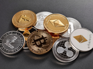 Cryptocurrency coins representing digital assets that may be concealed, discovered, and divided during a divorce.